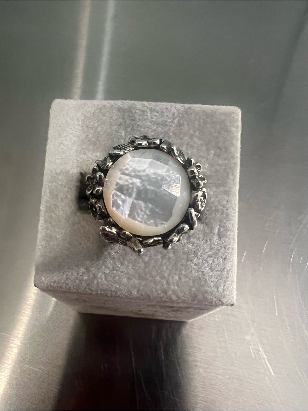 Sterling Silver Floral Frame White Faceted Mother-of-Pearl Israel Statement Ring